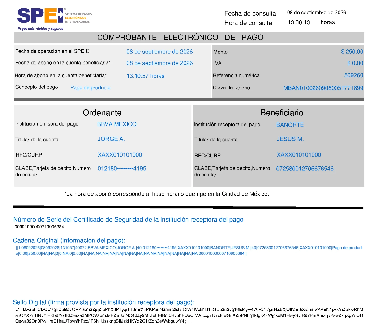 El CEP en PDF de una transferencia real, con los datos personales enmascarados